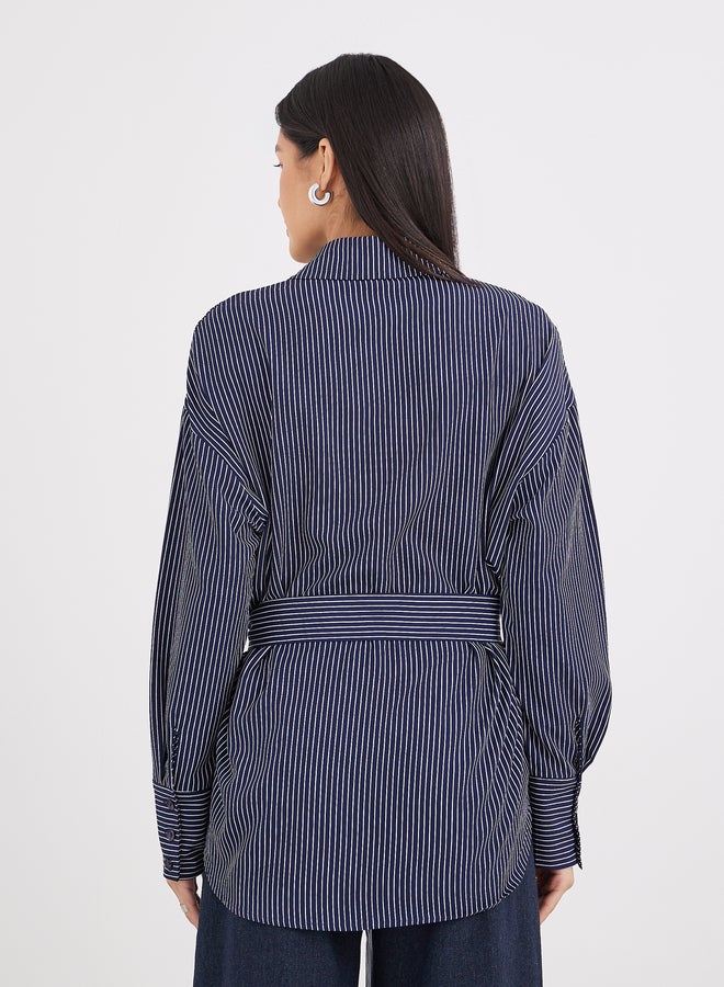 ستايلي قميص ستيلي مخطط باللون الكحلي مع حزام - Image 5