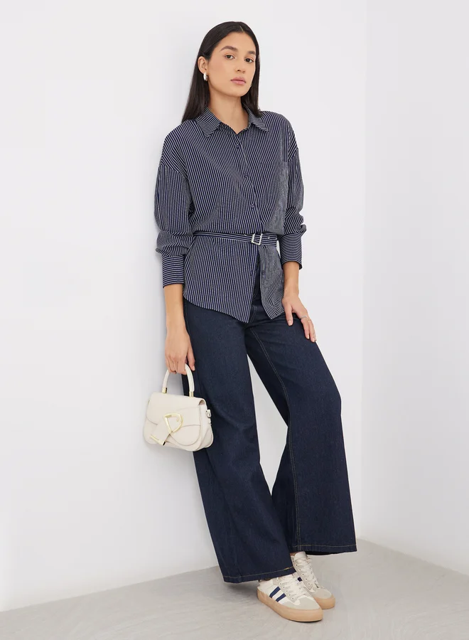 Styli Styli Navy Blue Striped Shirt with Belt