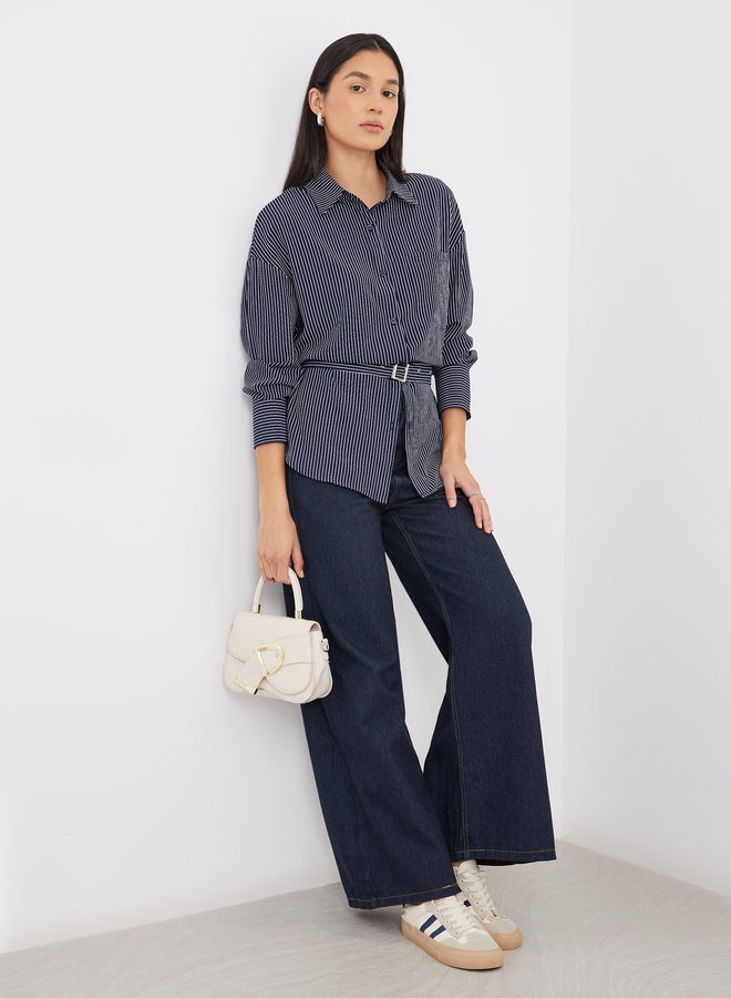 ستايلي قميص ستيلي مخطط باللون الكحلي مع حزام - Image 3