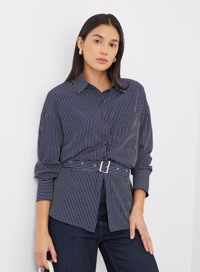 ستايلي قميص ستيلي مخطط باللون الكحلي مع حزام - Image 1