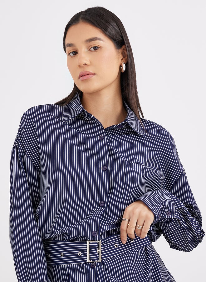 ستايلي قميص ستيلي مخطط باللون الكحلي مع حزام - Image 4