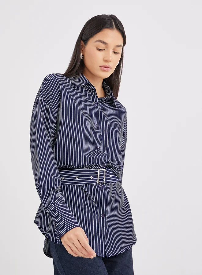 ستايلي Styli Navy Blue Striped Shirt with Belt