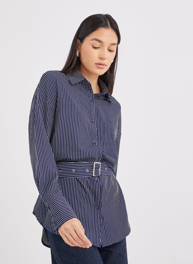 ستايلي قميص ستيلي مخطط باللون الكحلي مع حزام - Image 2