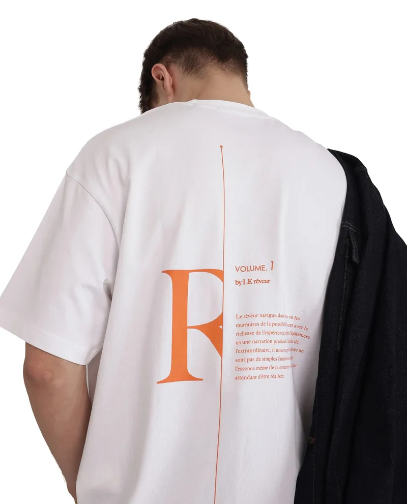 رير رابِت Rare Rabbit Men Len White Cotton Fabric Short Sleeve Crew Neck Slip-On Oversized Fit Typography Backprint T-Shirt