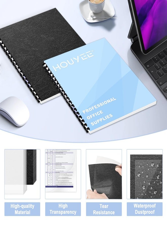 HOUYEE 100 Pack Binding Covers and Backs Set, 8.5x11 Inches, Including 50 Pcs 5 Mil Clear PVC Binding Covers, 50 Pcs 12 Mil Black Paper Leather Textured Binding Covers, Letter Size - Image 3