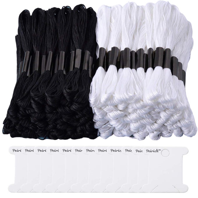 96 BLACK WHITE SKEINS STRANDED CROSS STITCH FLOSS FRIENDSHIP BRACELETS STRING EMBROIDERY THREAD WITH 12 PIECES FLOSS BOBBINS CROSS STITCH PROJECT