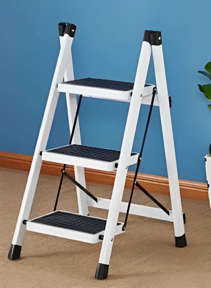 Multi-Purpose 3-Step Metal Ladder For Home With Wide Sturdy Folding Foot