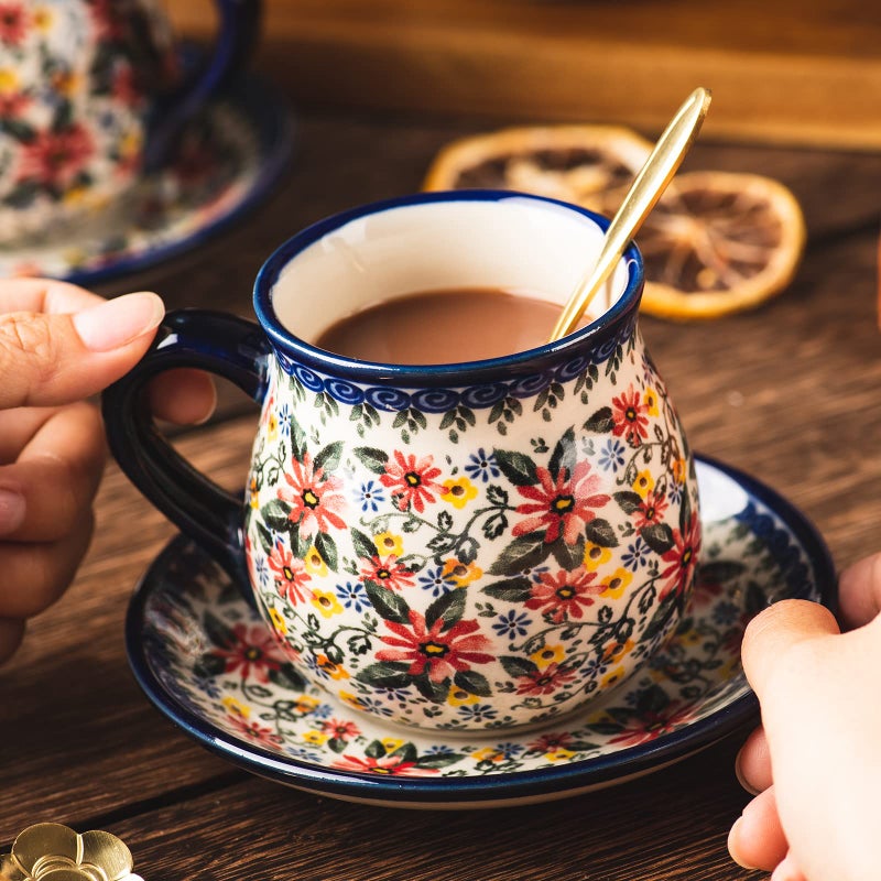 ONECCI polish pottery style porcelain ceramic 10 piece Tea set,7.2oz tea cup and sauce set of 4,28.2oz teapot and wooden serving tray.ï¼ˆ Exotic Daisyï¼‰ - Image 5