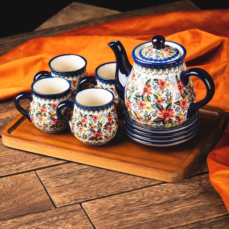 ONECCI polish pottery style porcelain ceramic 10 piece Tea set,7.2oz tea cup and sauce set of 4,28.2oz teapot and wooden serving tray.ï¼ˆ Exotic Daisyï¼‰ - Image 3