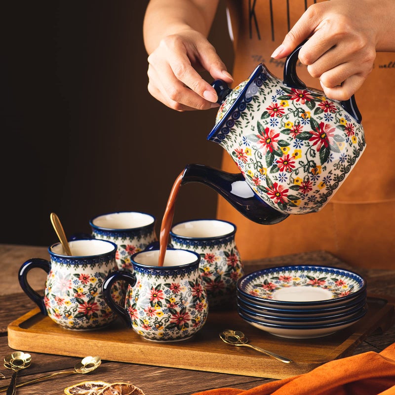 ONECCI polish pottery style porcelain ceramic 10 piece Tea set,7.2oz tea cup and sauce set of 4,28.2oz teapot and wooden serving tray.ï¼ˆ Exotic Daisyï¼‰ - Image 4