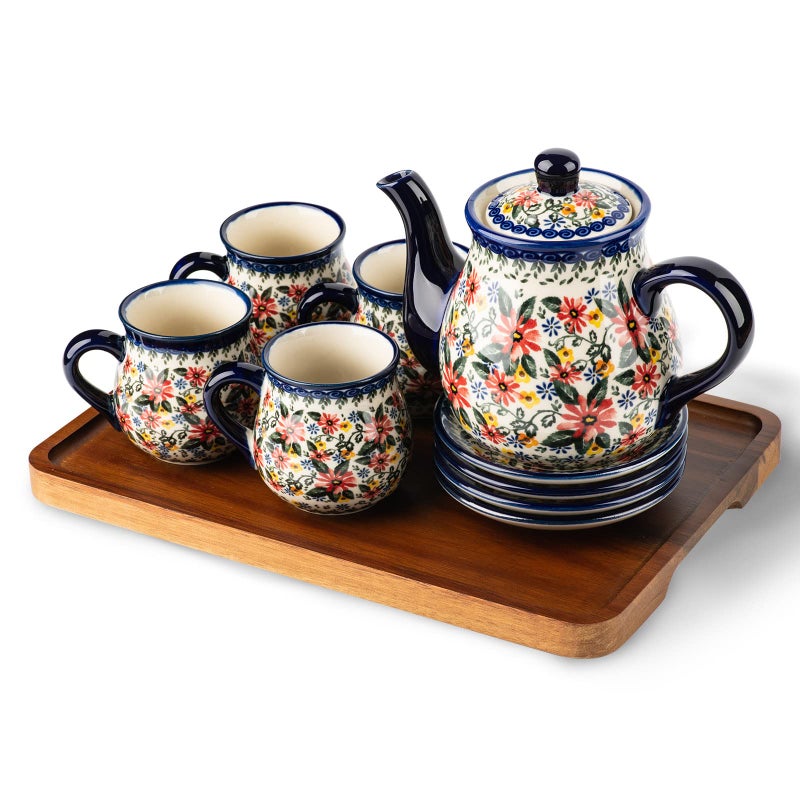 ONECCI polish pottery style porcelain ceramic 10 piece Tea set,7.2oz tea cup and sauce set of 4,28.2oz teapot and wooden serving tray.ï¼ˆ Exotic Daisyï¼‰ - Image 1