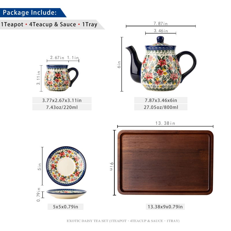 ONECCI polish pottery style porcelain ceramic 10 piece Tea set,7.2oz tea cup and sauce set of 4,28.2oz teapot and wooden serving tray.ï¼ˆ Exotic Daisyï¼‰ - Image 2
