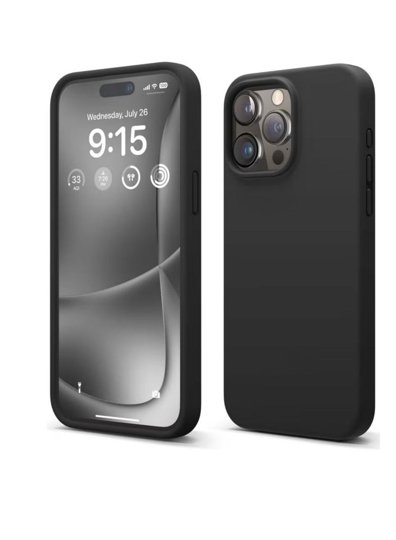 فيسوس السيليكون السائل لغطاء علبة iPhone 15 Pro Cover Full Coploy ، وبطانة الألياف الدقيقة الناعمة المضادة للخلع - أسود - أسود - أسود