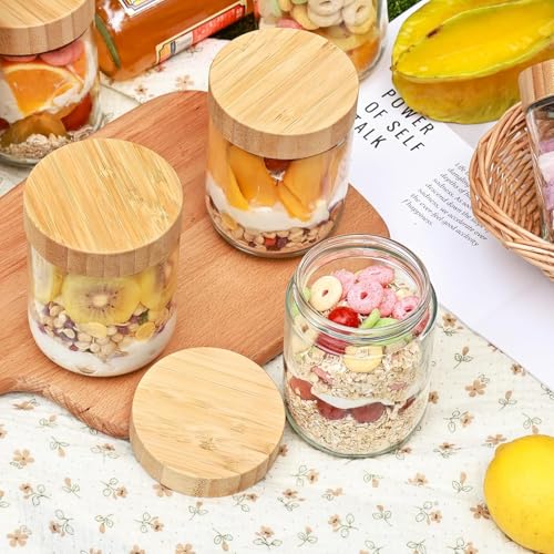 ARUZEN Glass jars with Airtight Lids, 16oz Overnight Oats Containers with Bamboo Lids JARS (500 ML WOODEN LID (2)) - Image 2