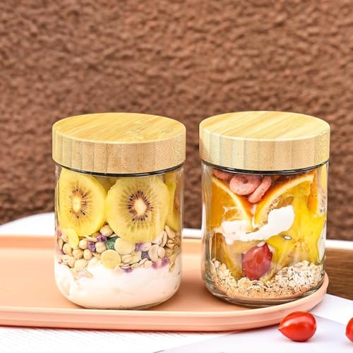 ARUZEN Glass jars with Airtight Lids, 16oz Overnight Oats Containers with Bamboo Lids JARS (500 ML WOODEN LID (2)) - Image 3
