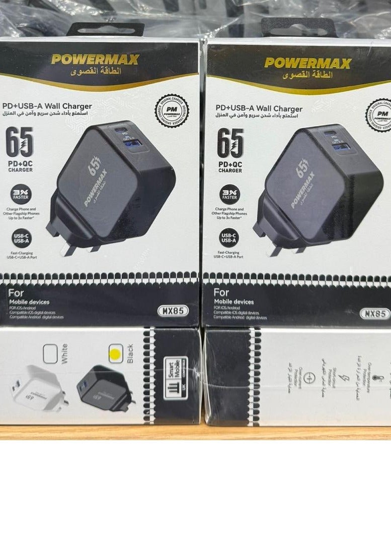 PowerMax 65 W USB-C PD Fast Wall Charger | USB-C Cable | Black