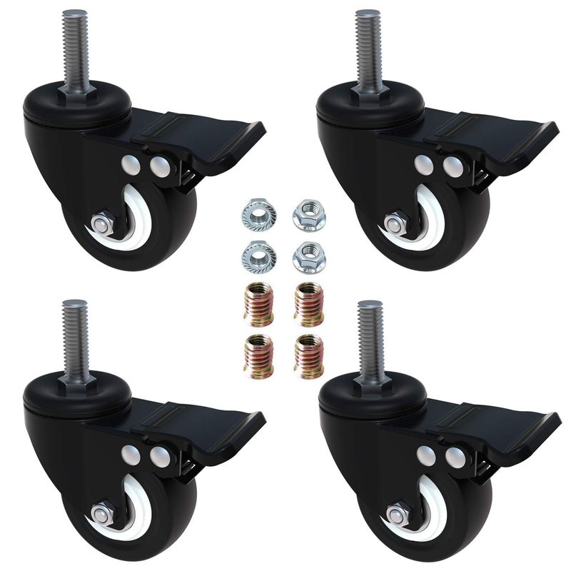 AAGUT 2 Stem Caster Wheels with Brake Lock Screwed Bolt 3816 x 1 Swivel Rubber Wheels 4 Pack with Nuts Double Bearings No Noise Castors - Image 2