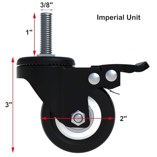 AAGUT 2 Stem Caster Wheels with Brake Lock Screwed Bolt 3816 x 1 Swivel Rubber Wheels 4 Pack with Nuts Double Bearings No Noise Castors - Image 3