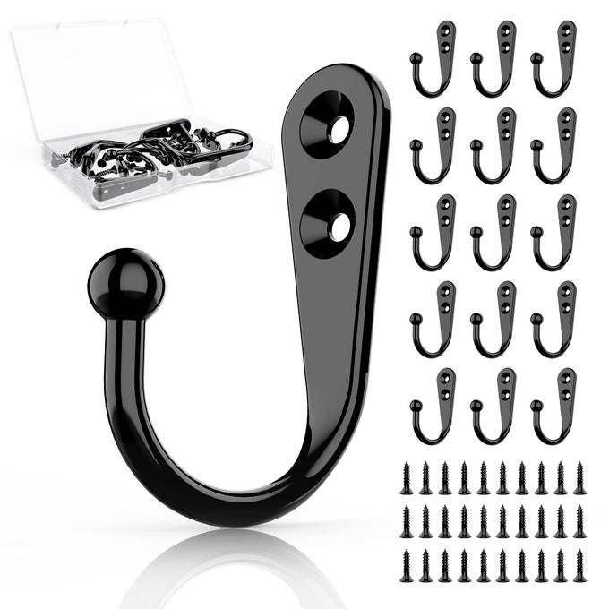 15PCS BLACK WALL MOUNTED COAT HOOKS HANGER HOOK WITH 30 PIECES SCREWS FOR HANGING HAT TOWEL KEY ROBE COATS SCARF BAG CAP COFFEE CUP MUGS