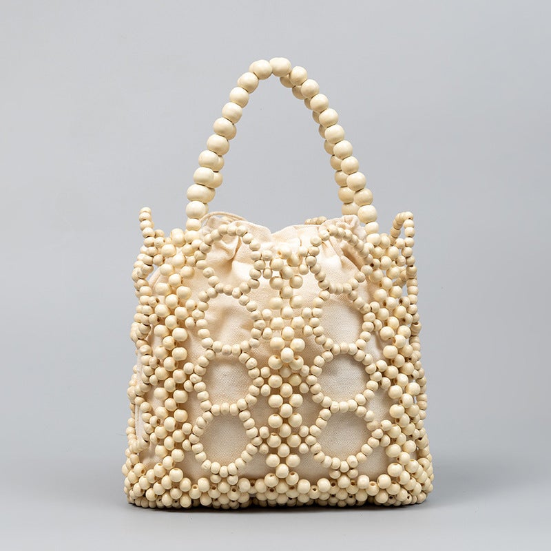 Chic Beaded Womens Tote Handmade Weave Color Block Large Capacity Ivory White