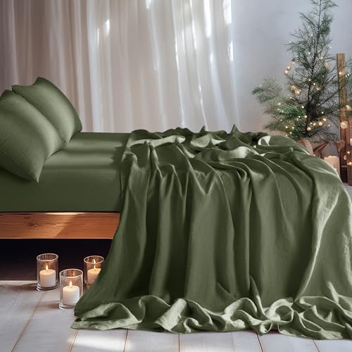 LBRO2M 100 Pure Linen Sheet Set Deep Pocket Up to 16 Bed Sheets Sets Natural Flax Beddings Soft Breathable Comfortable for All Seasons 4 Pcs Sheet Set King Size Olive Green - Image 3