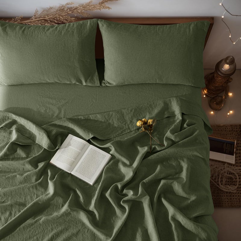 LBRO2M 100 Pure Linen Sheet Set Deep Pocket Up to 16 Bed Sheets Sets Natural Flax Beddings Soft Breathable Comfortable for All Seasons 4 Pcs Sheet Set King Size Olive Green - Image 2
