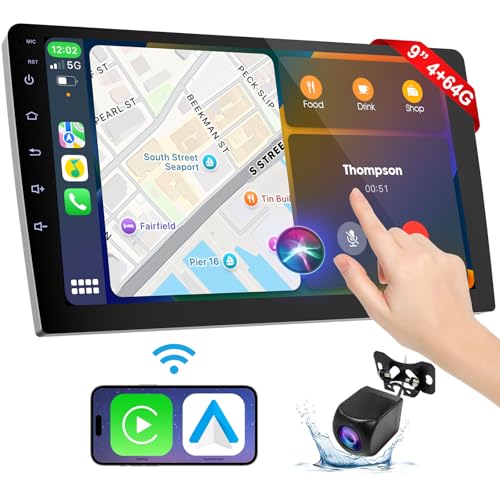 Haudio شاشة كار بلاي لاسلكية بحجم 9 إنش للسيارة، مستقبلات صوتية مزدوجة الدين مع تحكم صوتي، نظام ستيريو محمول بدقة HD مع شاشة تعمل باللمس وكاميرا خلفية - Image 2