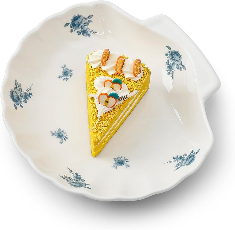 Koythin Ceramic Dinner Plate Cute Shell Shape Creative Plates Design Printed Flowers Dinnerware for Office and Home Kitchen Plates for Dessert Rose - Image 1