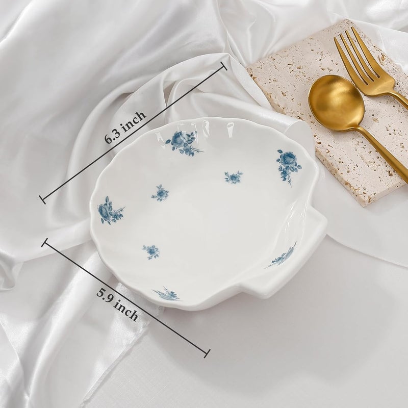 Koythin Ceramic Dinner Plate Cute Shell Shape Creative Plates Design Printed Flowers Dinnerware for Office and Home Kitchen Plates for Dessert Rose - Image 2