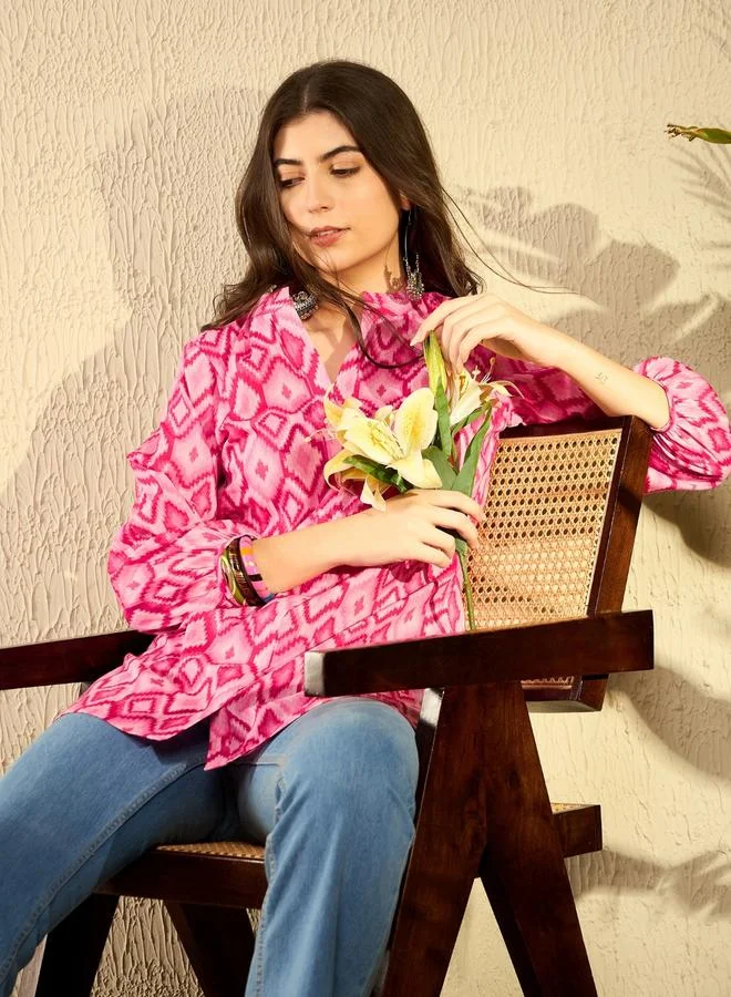 Take Two Pink Ikat Print Regular Fit Mandarin Collar Tunic Top By  AHIKA