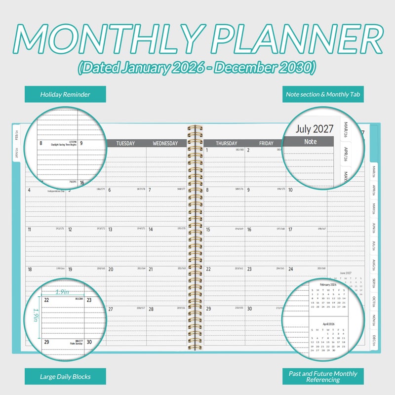 Chambom 2026-2030 Monthly Planner, 5 Year Monthly Planner/Calendar 2026-2030, 60-Month Jan 2026 â€“ Dec 2030, 9" x 11", Tabs, Double-Side Pocket, Holidays, Thick Paper - Green - Image 3