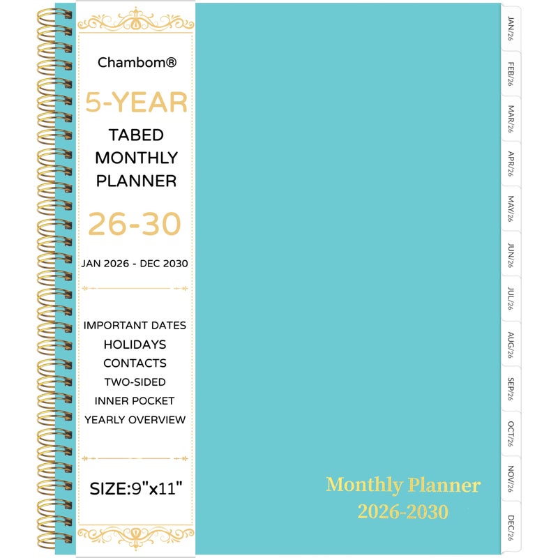 Chambom 2026-2030 Monthly Planner, 5 Year Monthly Planner/Calendar 2026-2030, 60-Month Jan 2026 â€“ Dec 2030, 9" x 11", Tabs, Double-Side Pocket, Holidays, Thick Paper - Green - Image 1