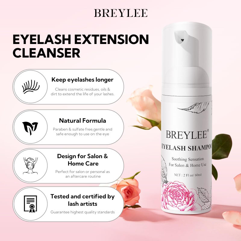 BREYLEE Shampoo for Lash Extensions, 60ml+Rinse Bottle+Brushes, Eyelash Extension Cleanser, Lash Wash Bath, Lash Cleaner for Makeup Cleansing Foams, Paraben & Sulfate Free for Salon and Home Use - Image 2