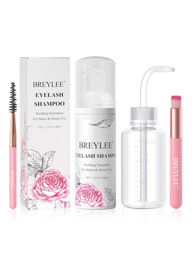 Breylee BREYLEE Shampoo for Lash Extensions, 60ml+Rinse Bottle+Brushes, Eyelash Extension Cleanser, Lash Wash Bath, Lash Cleaner for Makeup Cleansing Foams, Paraben & Sulfate Free for Salon and Home Use  - Image 1