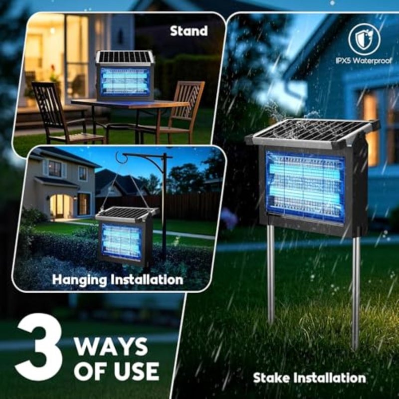 Solar Bug Zapper Outdoor 4500V Rechargeable Mosquito Zapper 4000mAh Battery Indoor Outdoor Use Waterproof for Patio, Garden, Camping - Image 5