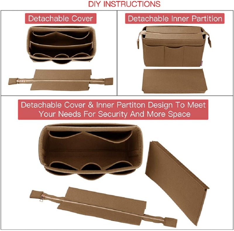 GREENSHEEP Women Felt Purse Organizer with Detachable Zipper Cover Storage Bag for Handbag, Tote Bag, Glasses, Keys-Slender Large, Beige - Image 2