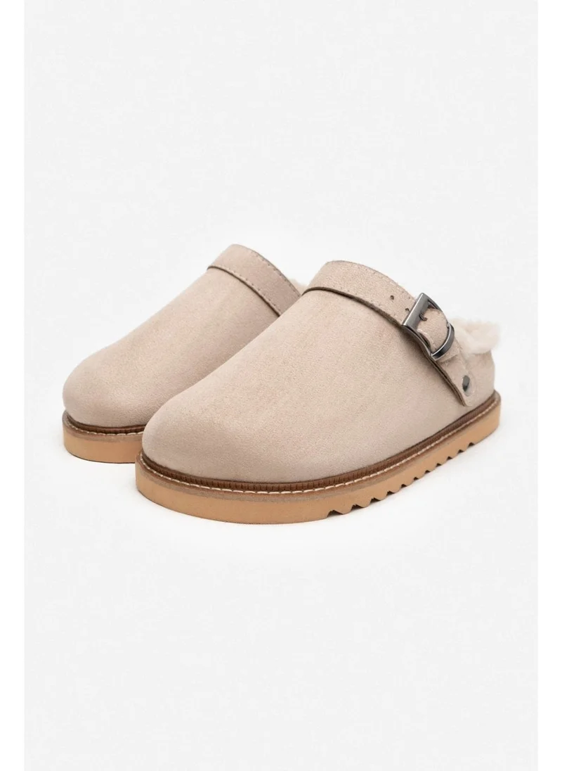 Nişantaşı Shoes Glady Beige Suede Fur Belt Detail Flat Sole Women's Home Slippers