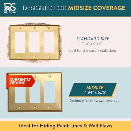 Rio Salto MIDSIZE BRASS Signature Collection Decorative Brushed Brass Gold Metal Outlet Covers Light Switch Cover Plate Premium Wall Plates 3Gang Triple Rocker Outlet Cover 675 x 494 2Pack - Image 3