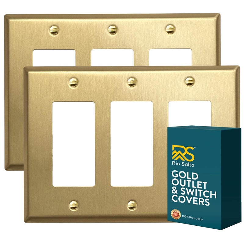 Rio Salto MIDSIZE BRASS Signature Collection Decorative Brushed Brass Gold Metal Outlet Covers Light Switch Cover Plate Premium Wall Plates 3Gang Triple Rocker Outlet Cover 675 x 494 2Pack - Image 2