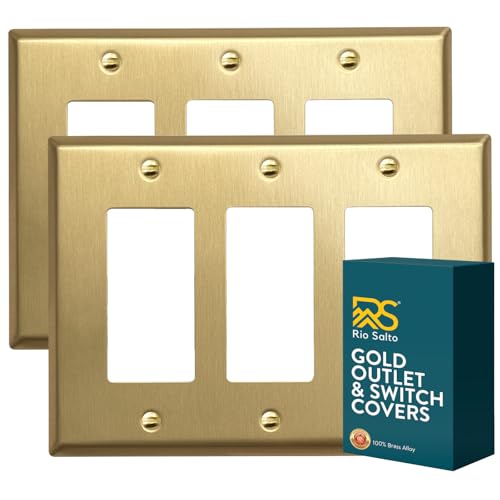 Rio Salto MIDSIZE BRASS Signature Collection Decorative Brushed Brass Gold Metal Outlet Covers Light Switch Cover Plate Premium Wall Plates 3Gang Triple Rocker Outlet Cover 675 x 494 2Pack - Image 1