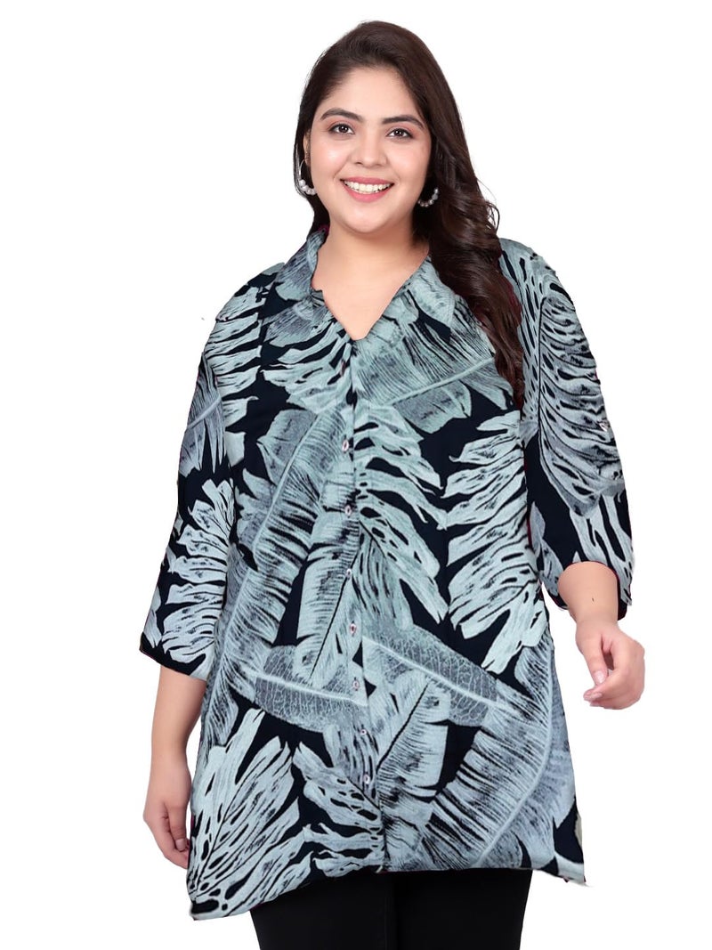 Indietoga Women Rayon Regular Fit Plus Size Rayon Longline Shirt Tops(P10001497_Dark Blue Printed_7XL) - Image 1