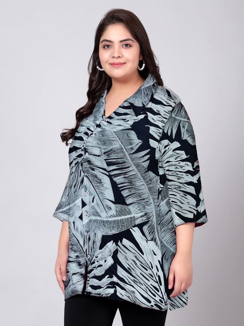 Indietoga Women Rayon Regular Fit Plus Size Rayon Longline Shirt Tops(P10001497_Dark Blue Printed_7XL) - Image 5