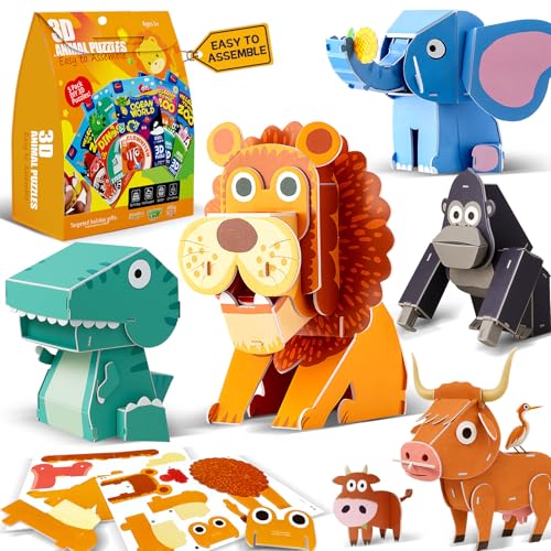 ROHSCE 3D Animal Puzzles for Kids Ages 48 DIY Educational Paper Craft Kit 5 Cartoon Animals STEM Learning Toys for Boys and Girls Easy to Assemble Birthday Gifts - Image 1