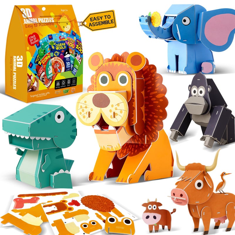 ROHSCE 3D Animal Puzzles for Kids Ages 48 DIY Educational Paper Craft Kit 5 Cartoon Animals STEM Learning Toys for Boys and Girls Easy to Assemble Birthday Gifts - Image 3