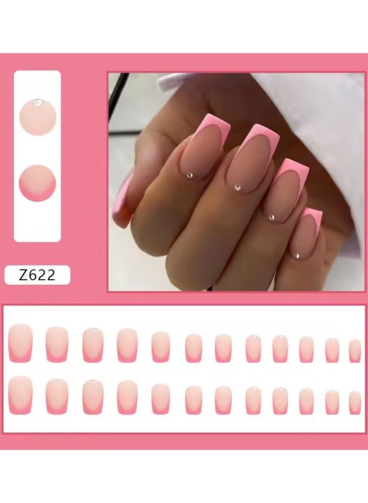 جلوسكي 24pcs بسيطة فرنسية ورد وردي الراينست المجمدة حلو أظافر كاذبة مجموعة مع الغراء الاصطناعي رخيصة الصحافة الزائفة على الأظافر للبنات - Image 1