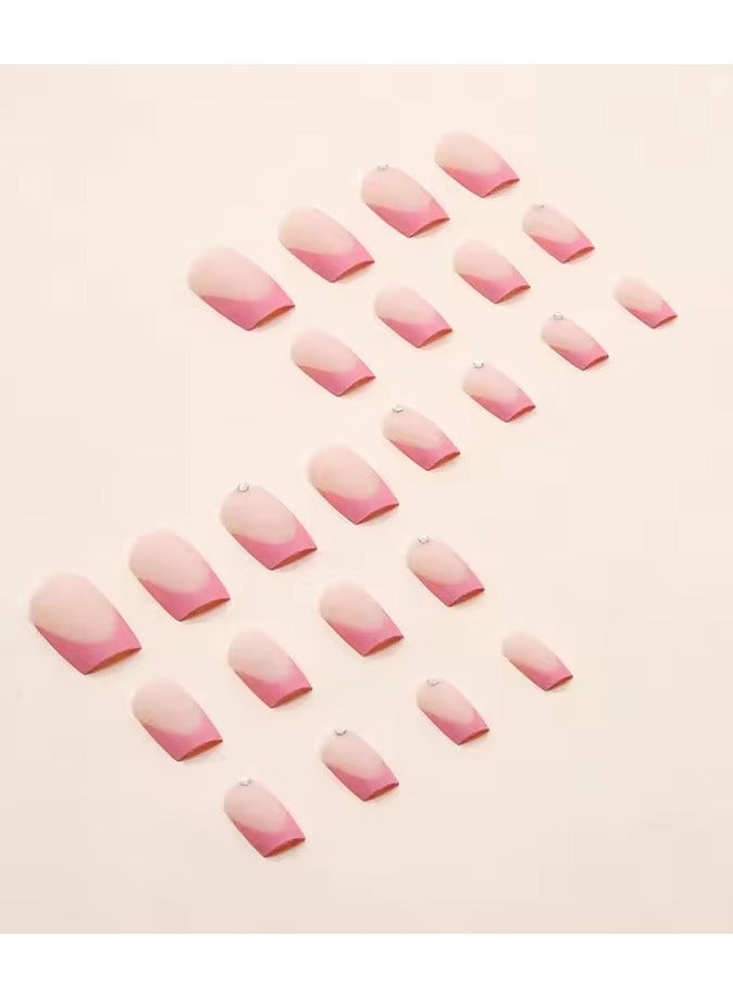 جلوسكي 24pcs بسيطة فرنسية ورد وردي الراينست المجمدة حلو أظافر كاذبة مجموعة مع الغراء الاصطناعي رخيصة الصحافة الزائفة على الأظافر للبنات - Image 2