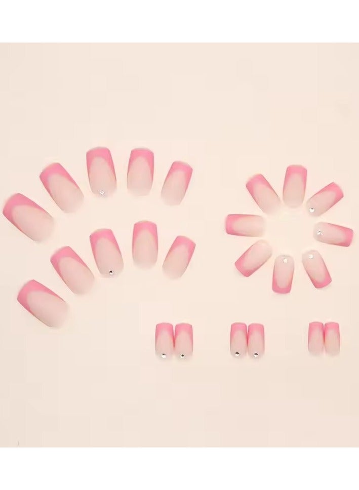جلوسكي 24pcs بسيطة فرنسية ورد وردي الراينست المجمدة حلو أظافر كاذبة مجموعة مع الغراء الاصطناعي رخيصة الصحافة الزائفة على الأظافر للبنات - Image 4