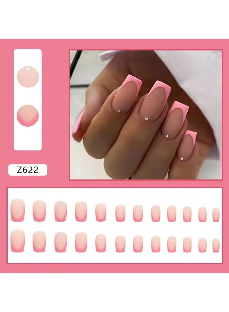 جلوسكي 24pcs بسيطة فرنسية ورد وردي الراينست المجمدة حلو أظافر كاذبة مجموعة مع الغراء الاصطناعي رخيصة الصحافة الزائفة على الأظافر للبنات - Image 5