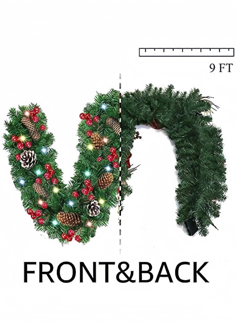GGEROU تزيين عيد الميلاد بطول 9 أقدام مع 50 ضوء LED توت أحمر وخرز صنوبر يعمل بالبطارية لتزيين عيد الميلاد المدفأة، إكليل - Image 2