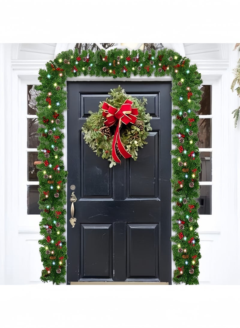 GGEROU تزيين عيد الميلاد بطول 9 أقدام مع 50 ضوء LED توت أحمر وخرز صنوبر يعمل بالبطارية لتزيين عيد الميلاد المدفأة، إكليل - Image 3